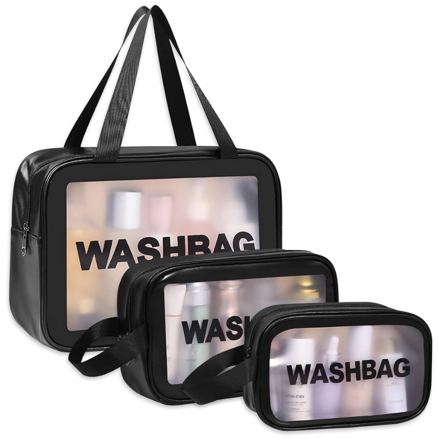 3 Pcs Transparent Wash Bag Set | Waterproof Travel Toiletry & Cosmetic Organizer